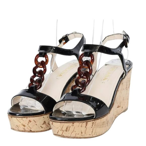 Prada 10 Chain Link Platform Cork Wedges Patent Leather T-Strap Sandals Black 40 - Picture 1 of 10